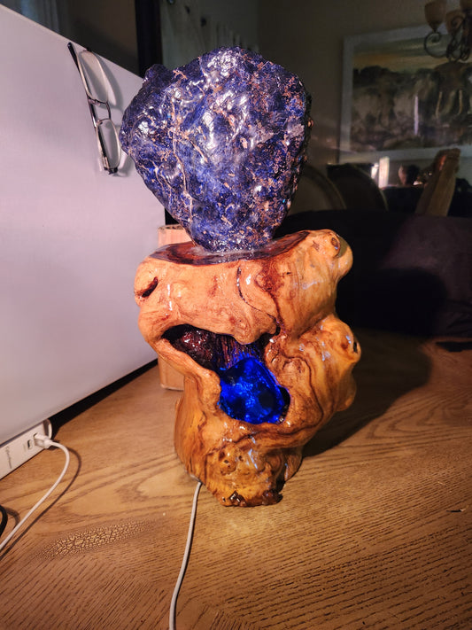 Row blue floright stone on a wood stand