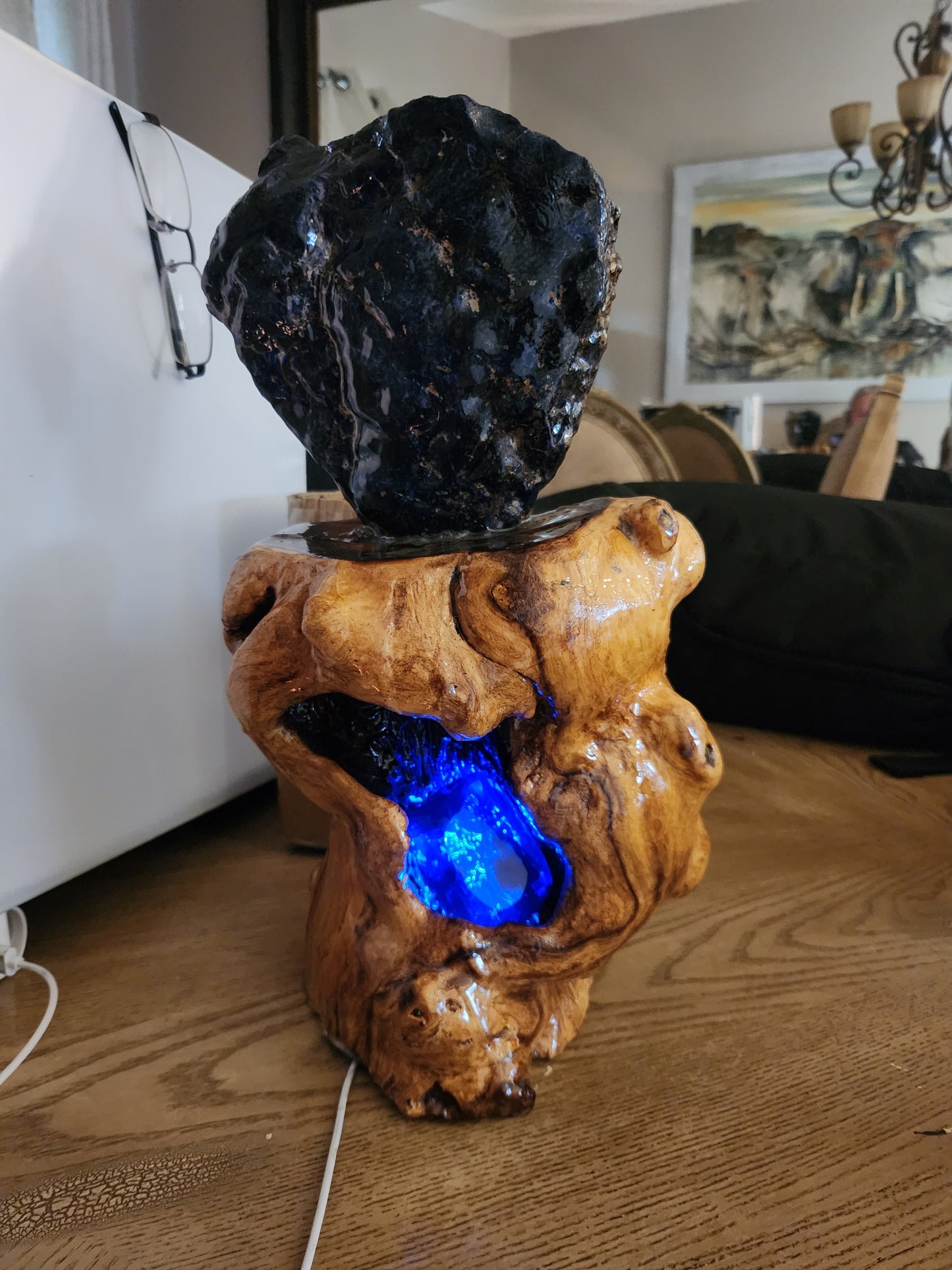 Row blue floright stone on a wood stand