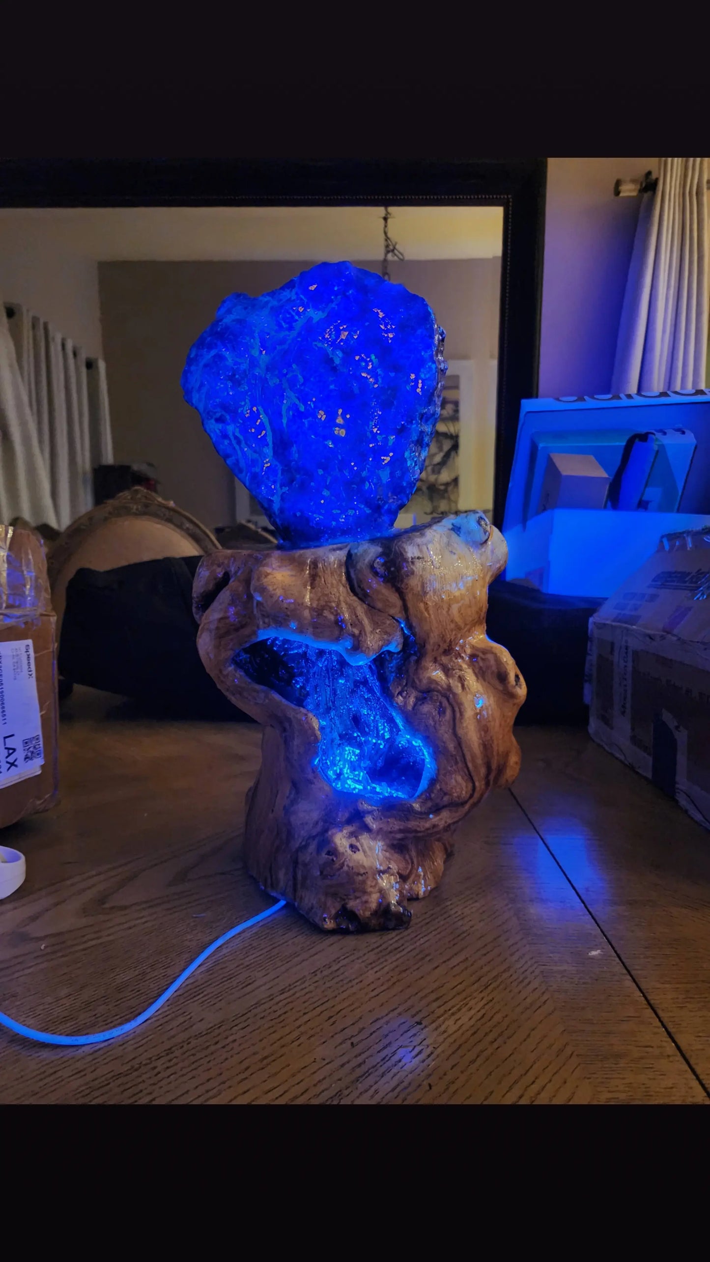 Row blue floright stone on a wood stand